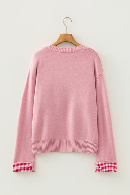 Light Pink Plaid Heart Embroidered Cuffed Drop Shoulder Crew Neck Sweater