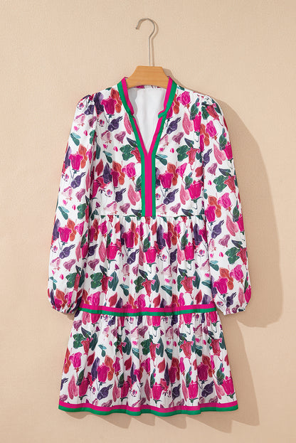 Purple Floral Print Contrast Striped Detail Long Sleeve Mini Dress