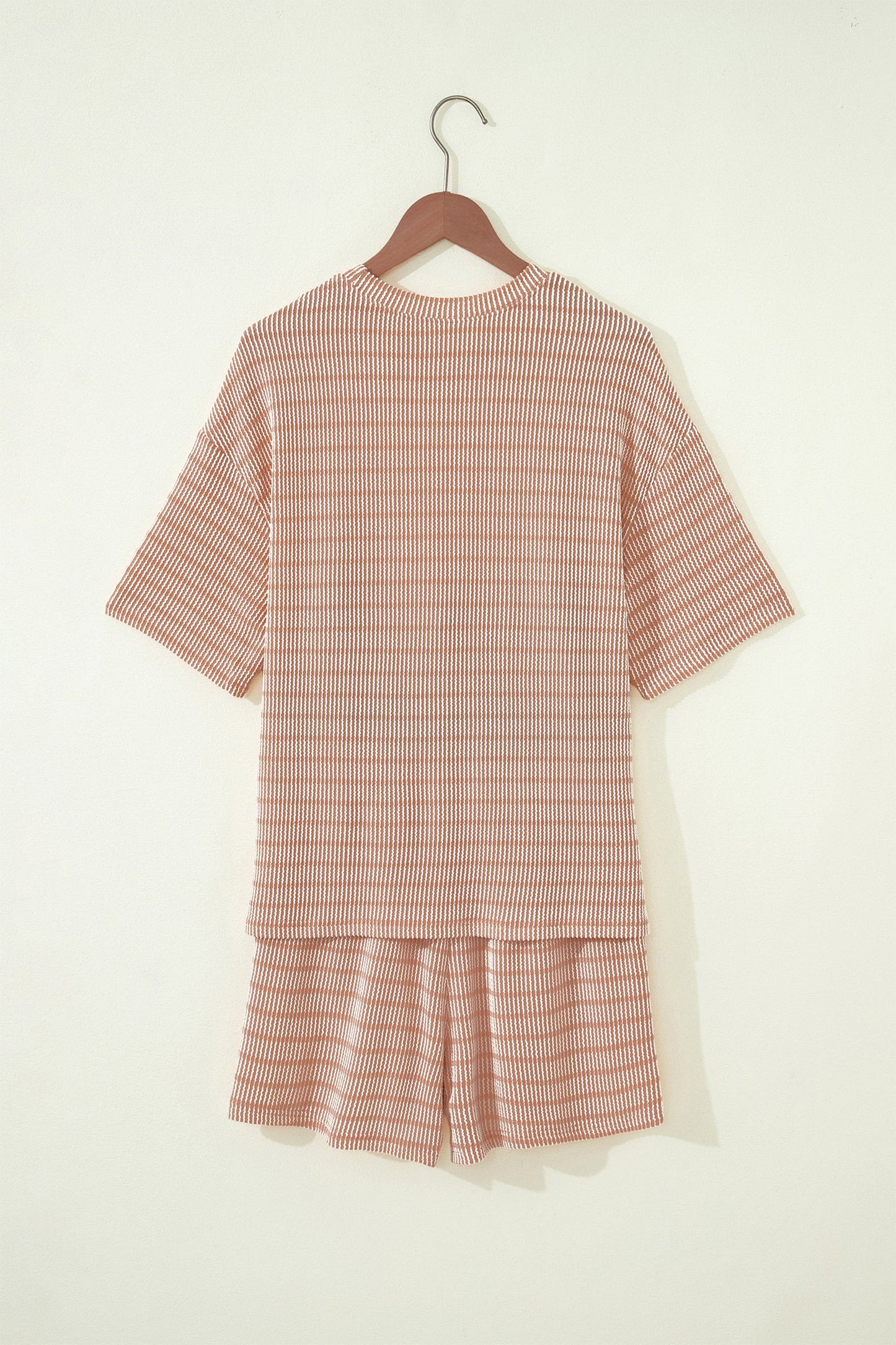 Rose Stripe Raised Rib Loose Tee Drawstring Elastic Waist 2pcs Short Set