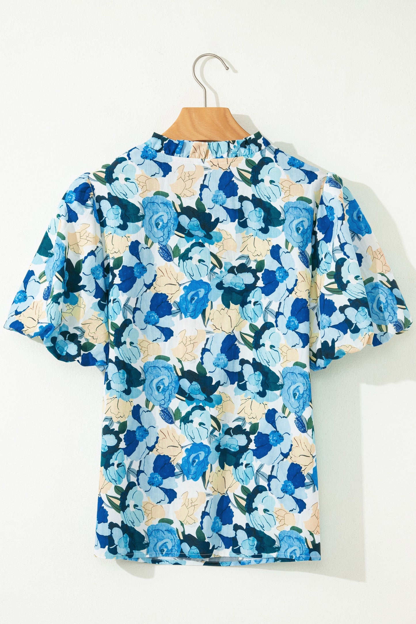 Sky Blue Floral Print Short Puff Sleeve V Neck Blouse