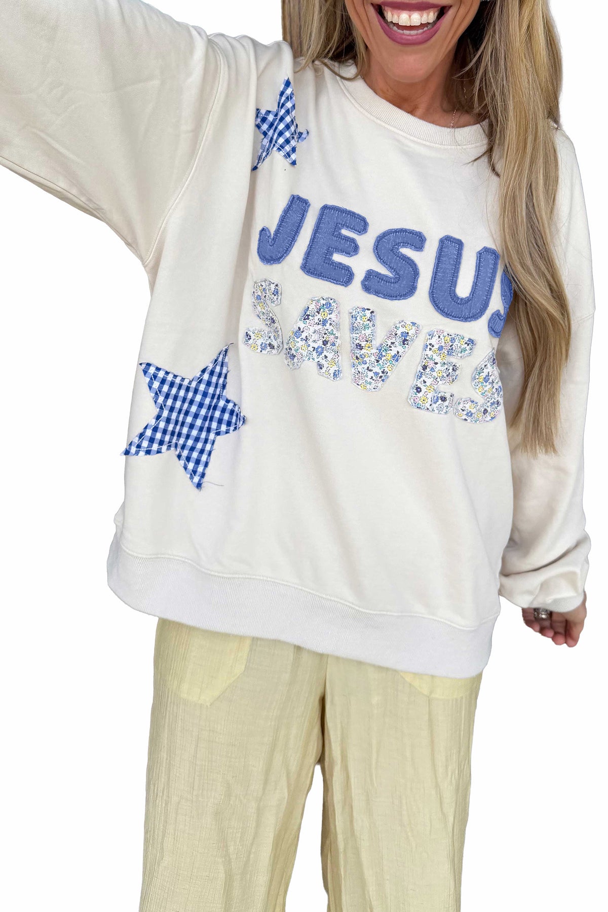 White Patchwork Stars Plaid Unique Floral Letters Baggy Sweatshirt