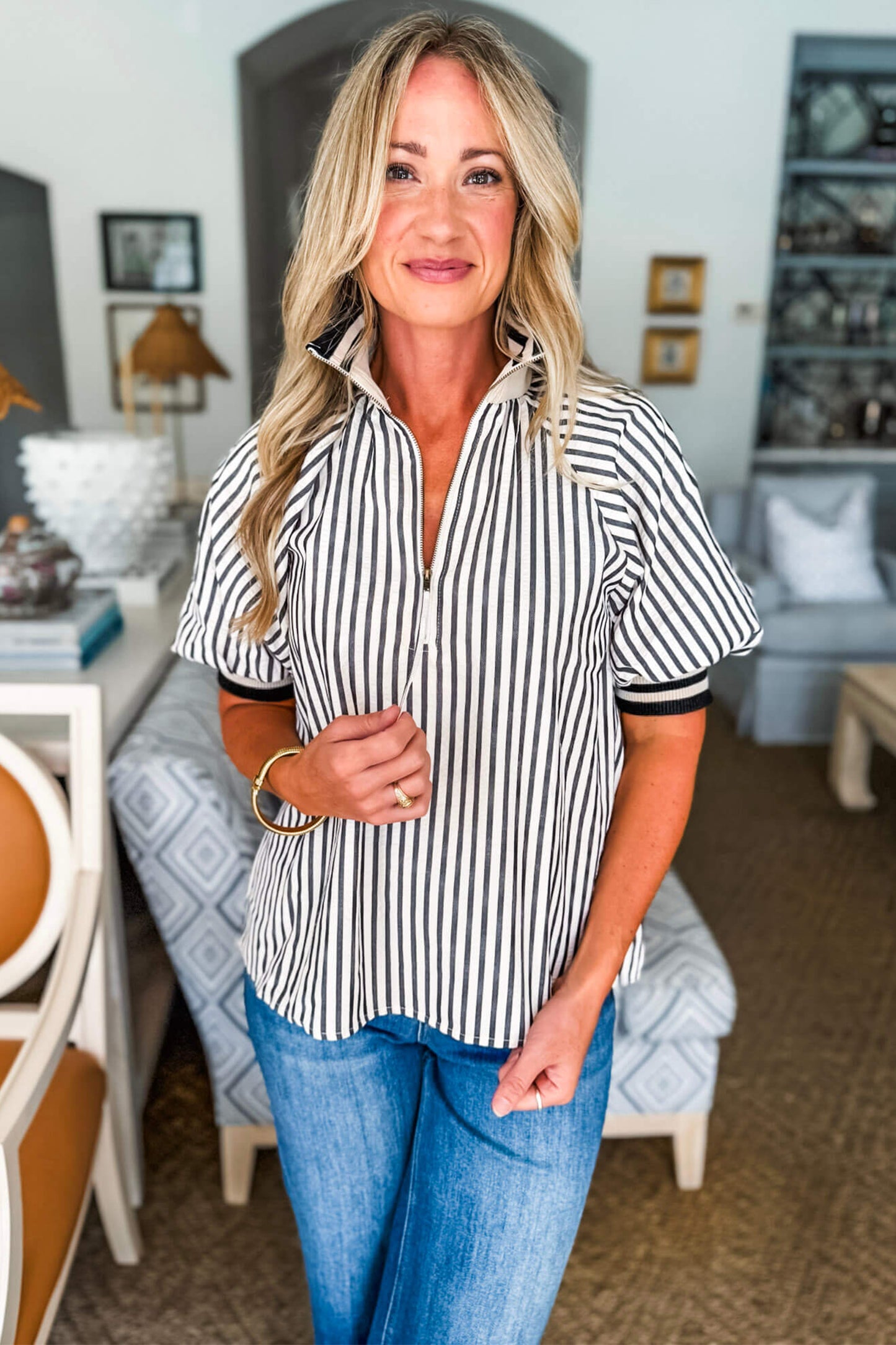 Black Stripe Polo Collar Half Zip Short Puff Sleeve Blouse