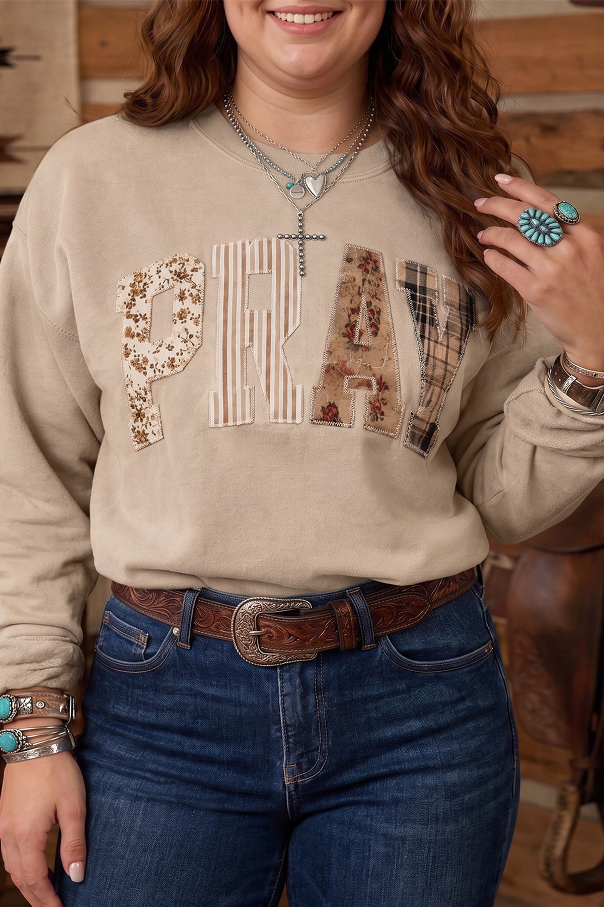 Gray PRAY Letter Patchwork Round Neck Long Sleeve Plus Size Sweatshirt