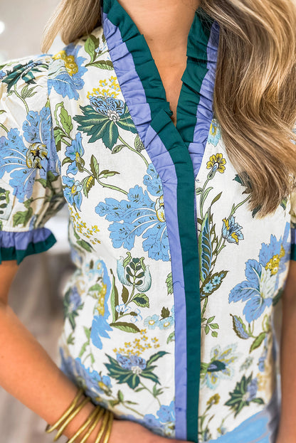 Beige Floral Print Contrasted Frilled Striped Trim Short Sleeve Blouse