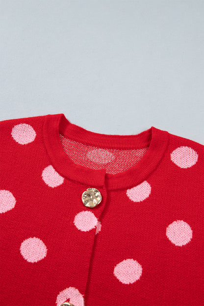 Red Polka Dot Sleeveless Knit Button Drop Shoulder Sweater Vest