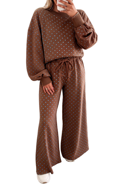 Red Polka Dot Drawstring Wide Leg Long Sleeve Top Pant Set