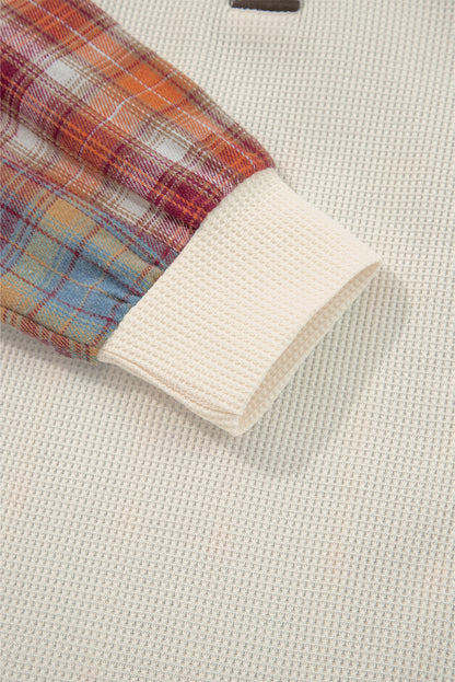 Straw Yellow Waffle Stripe Plaid Patchwork Henley Knit Top