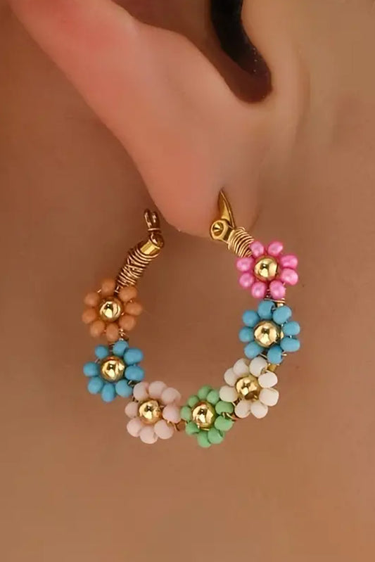 Pink Colorful Flower Hoop Earrings