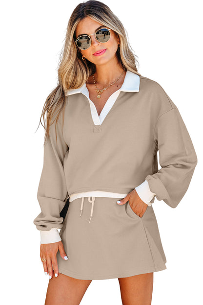 Parchment Raw Edge Detail Colorblock Patchwork Cropped Pullover Drawstring Skirt Set