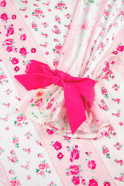 Pink Mixed Floral Print Contrast Piping Trim Satin Tie 2pcs Pajama Set