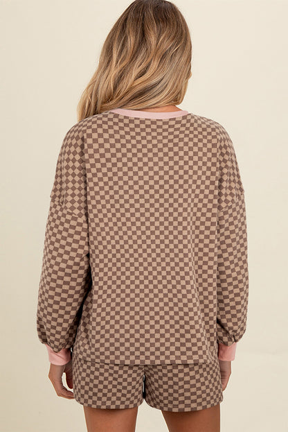Brown Checkerboard Long Sleeve Pullover and Shorts Set
