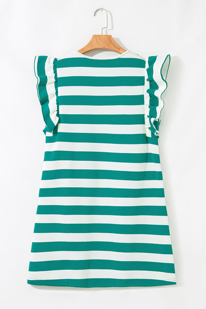 Green Stripe Flutter Sleeve Round Neck Shift Dress