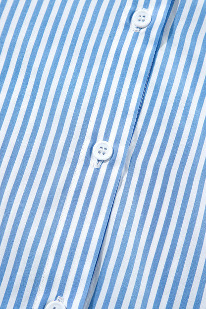 Sky Blue Stripe Bubble Short Sleeve Tiered Scallop Long Dress