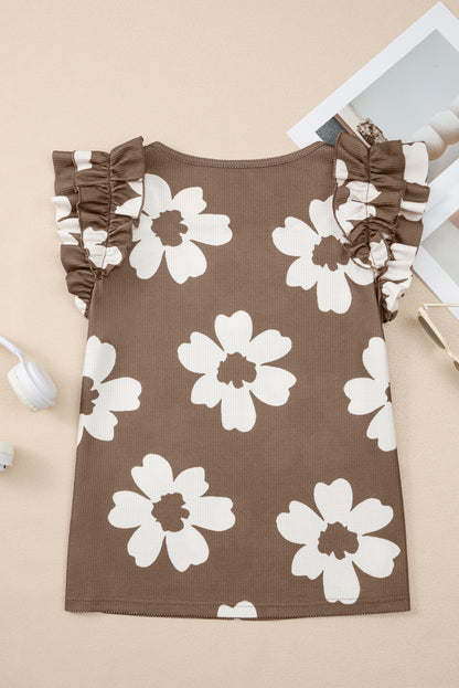 Brown Floral Textured Ruffled Short Sleeve Square Neck Blouse