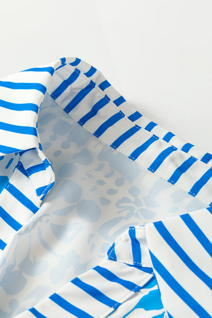 Sky Blue Contrast Striped Trim Floral Shift Fit Fall Dress