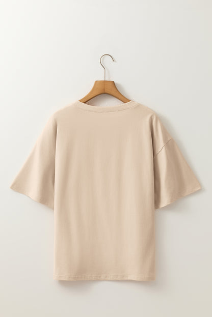 Oatmeal Contrast Crochet Floral Graphic Drop Shoulder Loose Tee