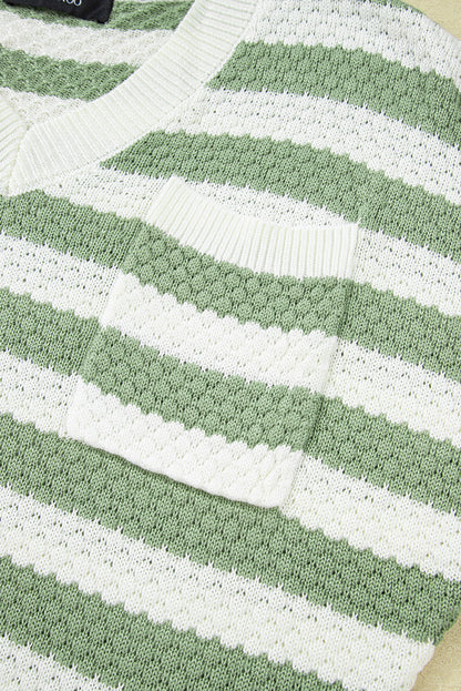 Green Stripe V Neck Short Sleeve Sweater with Side Slits