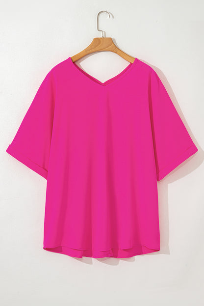 Bright Pink Seamed Back High Low Hem V Neck Cuffed Sleeve Plus Size Tee