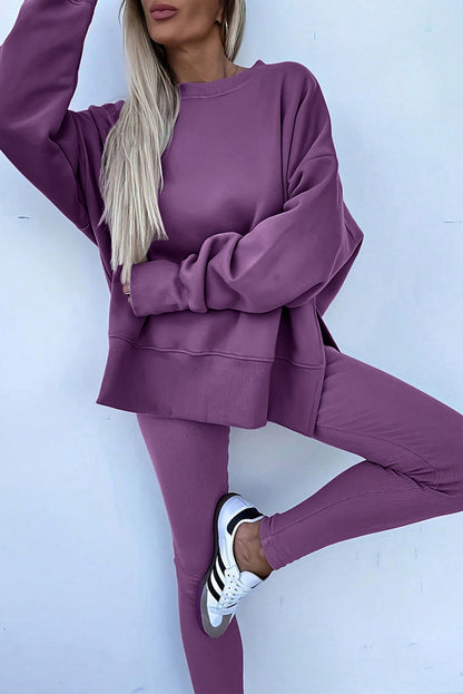 Green Bay Solid Color Oversize Slit Sweatshirt Ribbed Leggings 2pcs Set