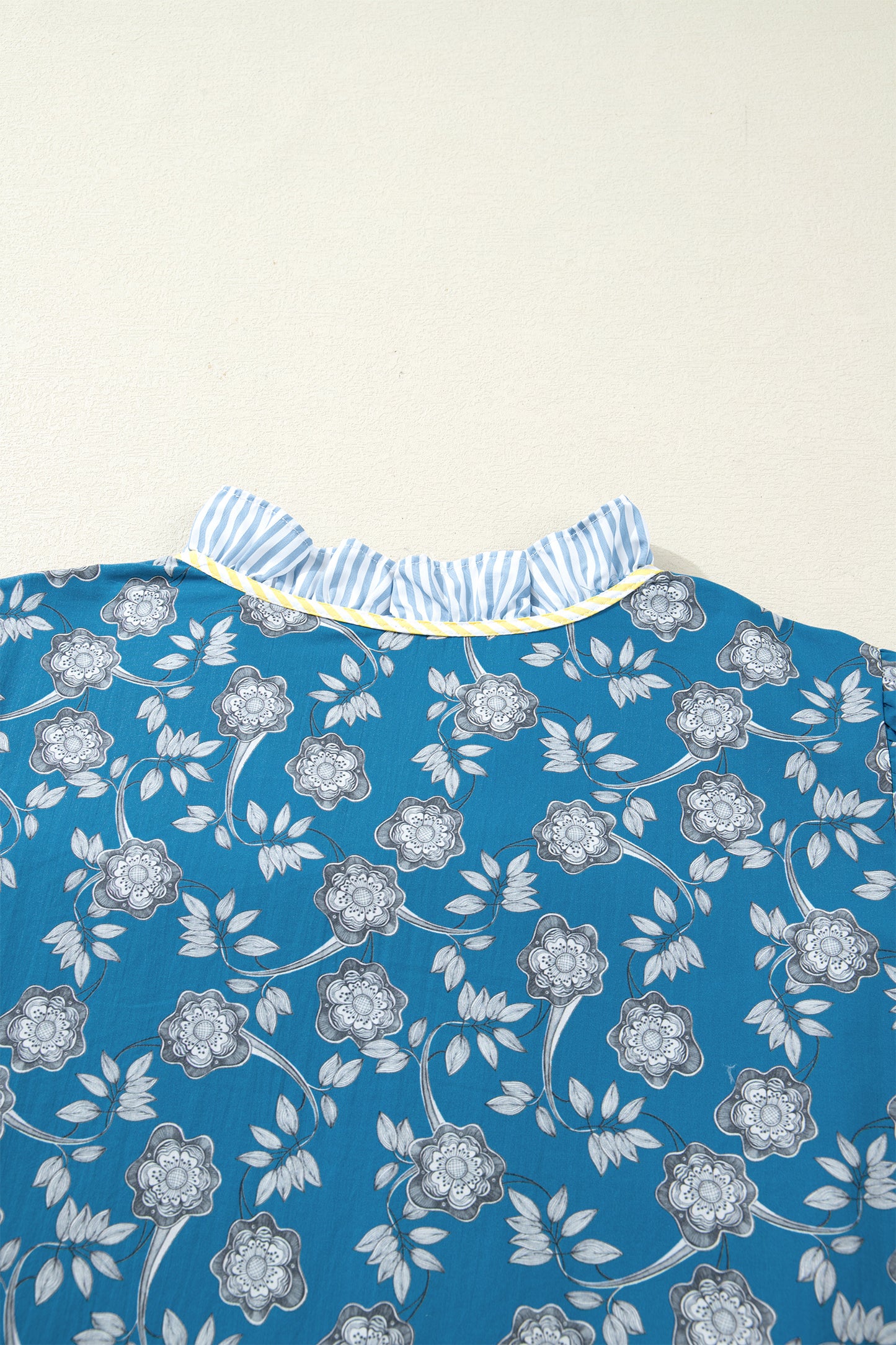 Blue Plus Size Floral Print Striped Patchwork Detail Button Front Ruffle Hem Dress