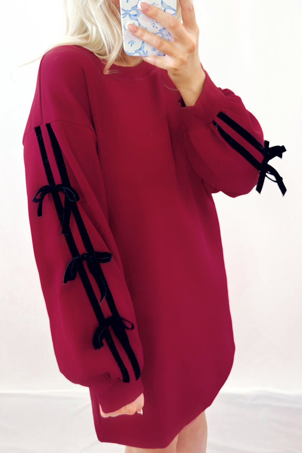 Racing Red Contrast Striped Bow Detail Drop Shoulder Sweatshirt Dress with Pockets