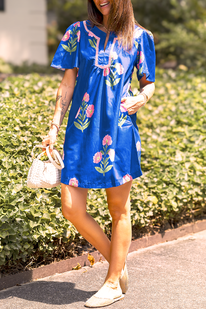 Blue Floral Short Sleeve Split Neck Loose Mini Dress