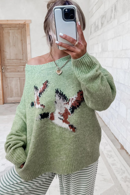 Green Wild Mallard Drop Shoulder Round Neck Long Sleeve Pullover Sweater