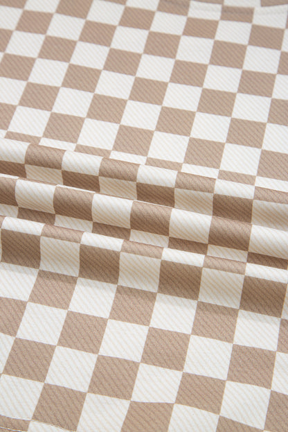 Khaki Checkered Long Sleeve Crop Top High Waist Skort 2pcs Set