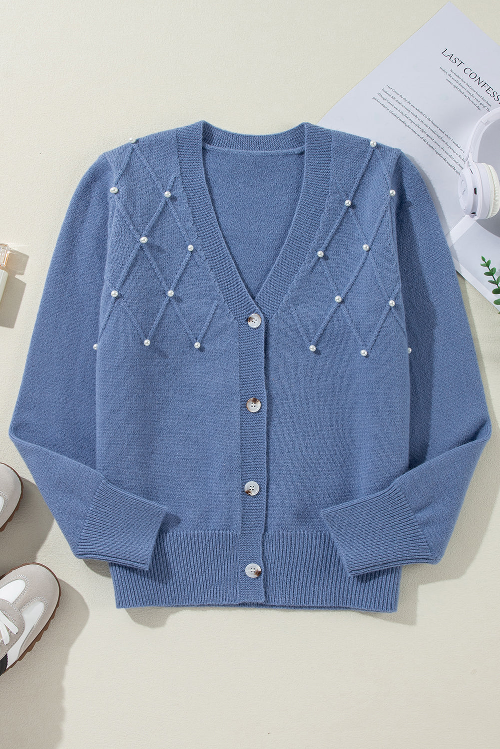 Myosotis Textured Knit Pearl Beaded Button Up Cardigan