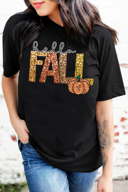 Black Hello Fall Letter Pumpkin Printed Thanksgiving T Shirt