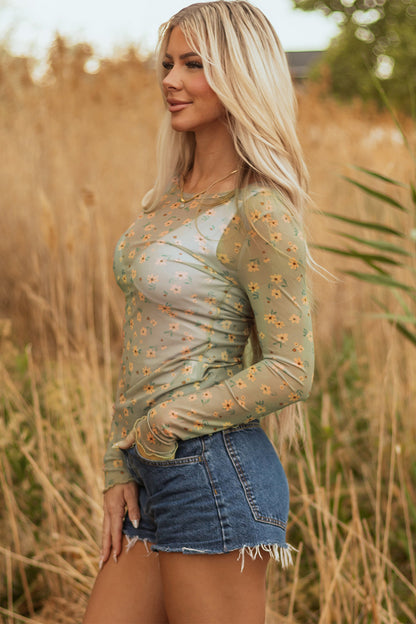 Laurel Green Vintage Floral Print Southern Style Mesh Long Sleeve Top