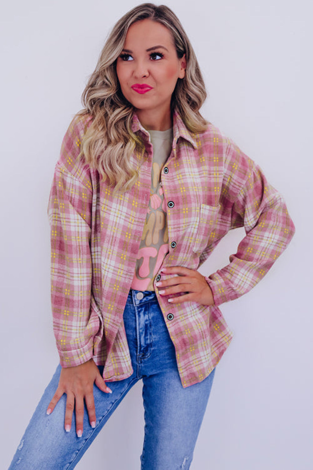 Pink Plaid Print Chest Pocket Long Sleeve Shacket