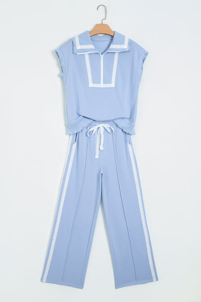 Sky Blue Lace Accent Zipped Collar Short Sleeve Top Sweatpants Set