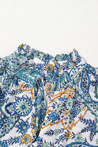 Blue Bohemian Paisley Floral V Neck Short Sleeve Mini Dress