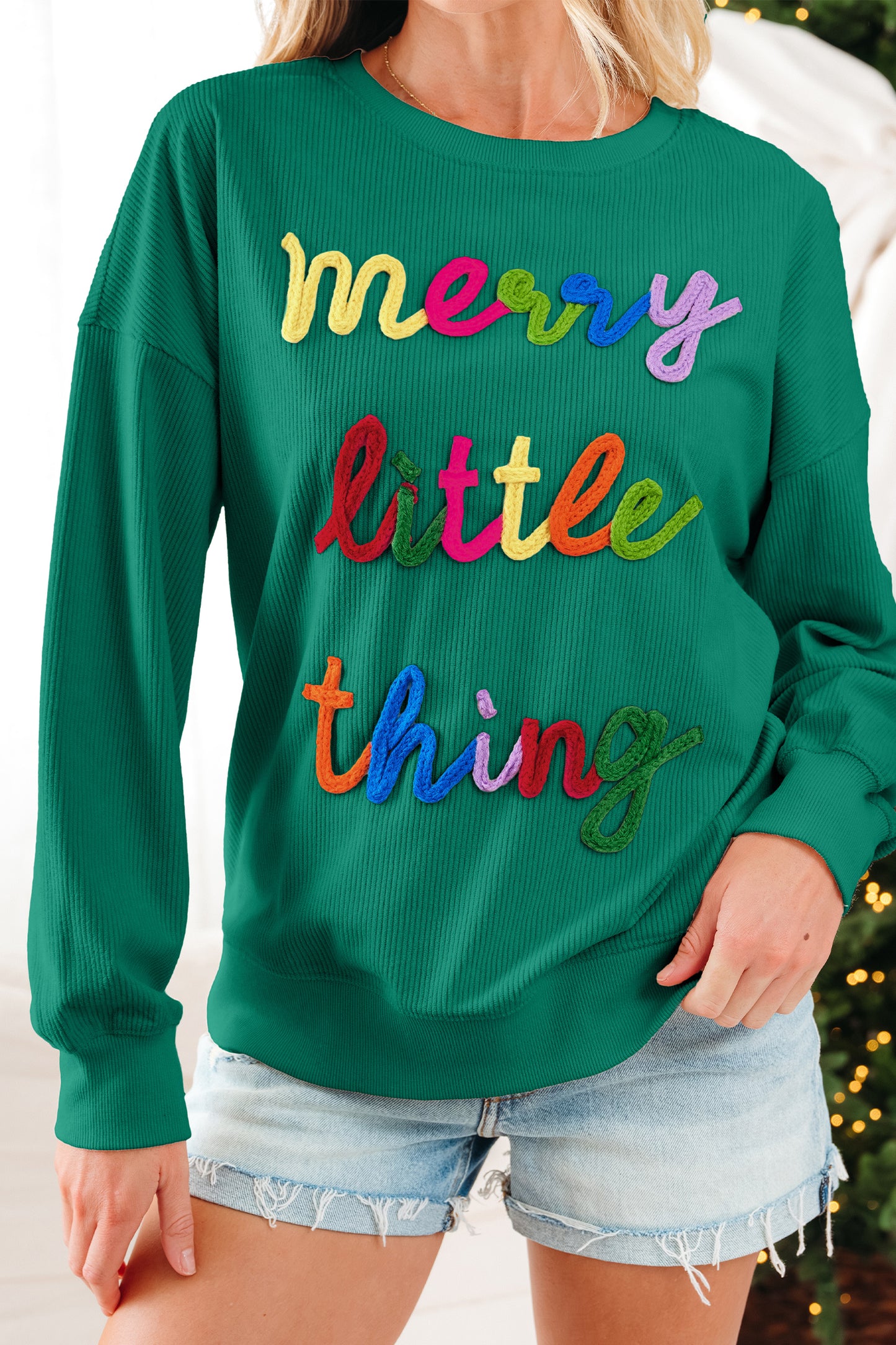 Beige merry little thing Corded Letter Graphic Ribbed Loose Sweatshirt