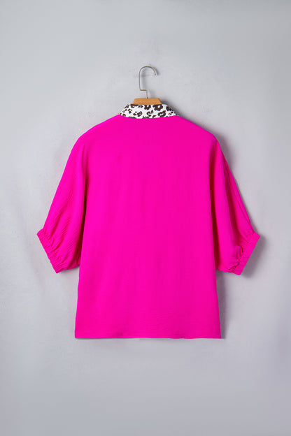 Rose Red Dolman Half Sleeve Leopard Patchwork Trim V Neck Blouse