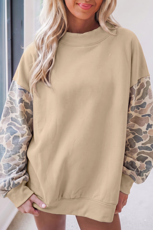 Beige Camouflage Sleeve Crewneck Baggy Pullover Sweatshirt