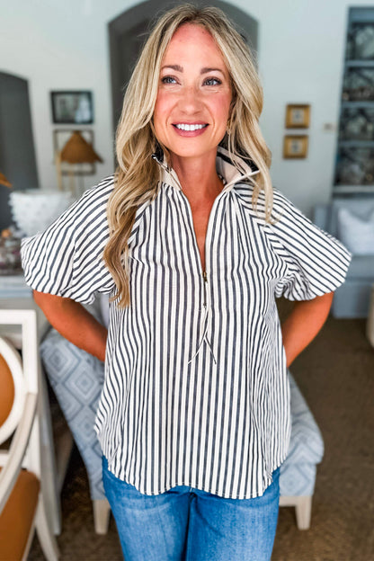 Black Stripe Polo Collar Half Zip Short Puff Sleeve Blouse
