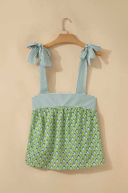 Green Fashion Printed Knot Straps Babydoll Tank Top