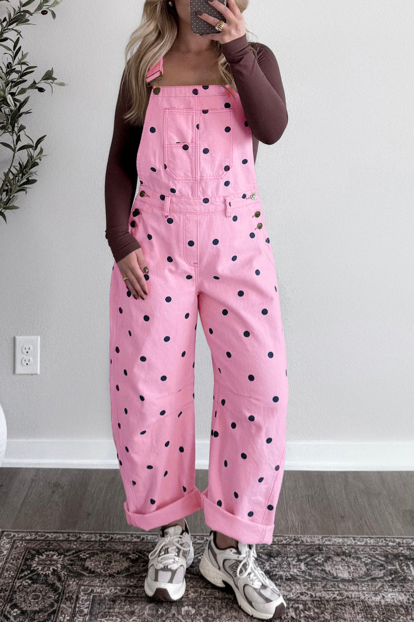 Jet Stream Polka Dot Print Bib Pocket Denim Barrel Overalls Jumpsuit