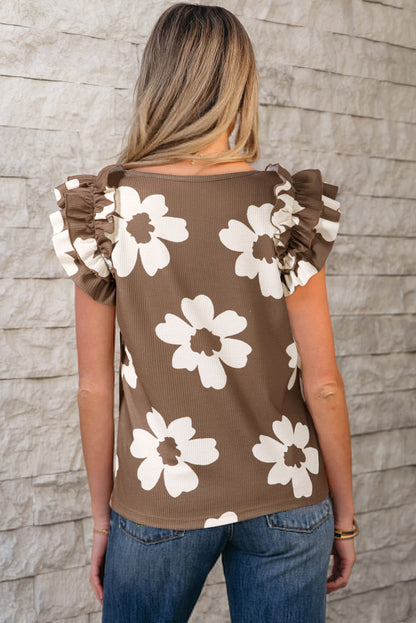 Brown Floral Textured Ruffled Short Sleeve Square Neck Blouse