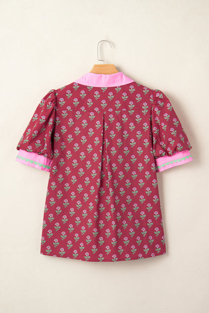 Red Contrast Collared V Neck Ricrac Trim Short Puff Sleeve Flower Blouse