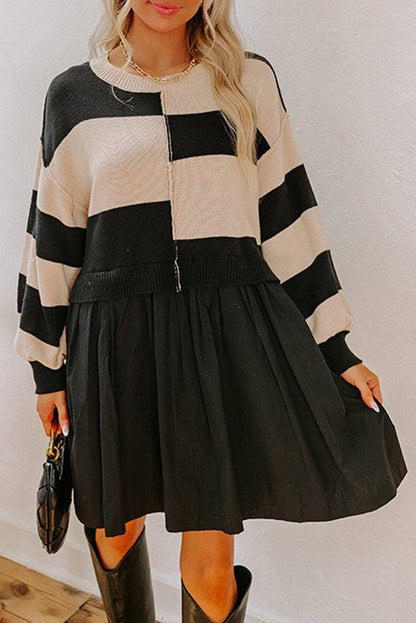 Black Stripe Two in One Knitted Top High Waist Splicing Hem Sweater Dress