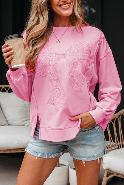 Bonbon Lace Insert Bow Embroidered Exposed Seam Sweatshirt