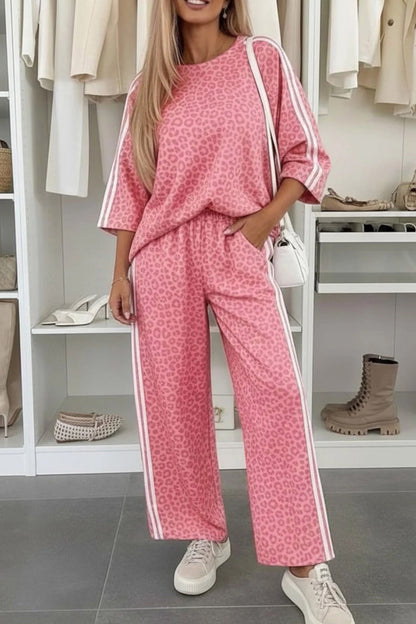 Apricot Leopard Print Varsity Striped Detail 3/4 Sleeve Top Shift Pant Set