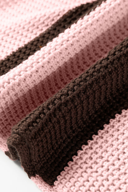 Fushia Striped Color Block Thermal Textured Knit Drop Shoulder Sweater