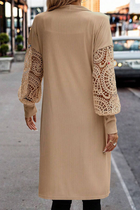 Parchment Lace Patchwork Ribbed Knit Open Front Duster Cardigan