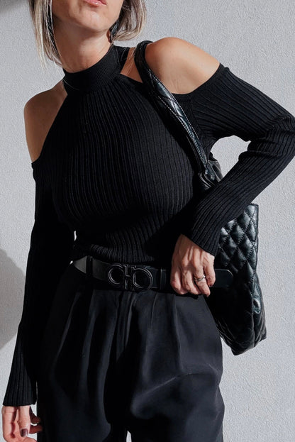 Black Ribbed Knit Cold Shoulder Choker Neck Sweater