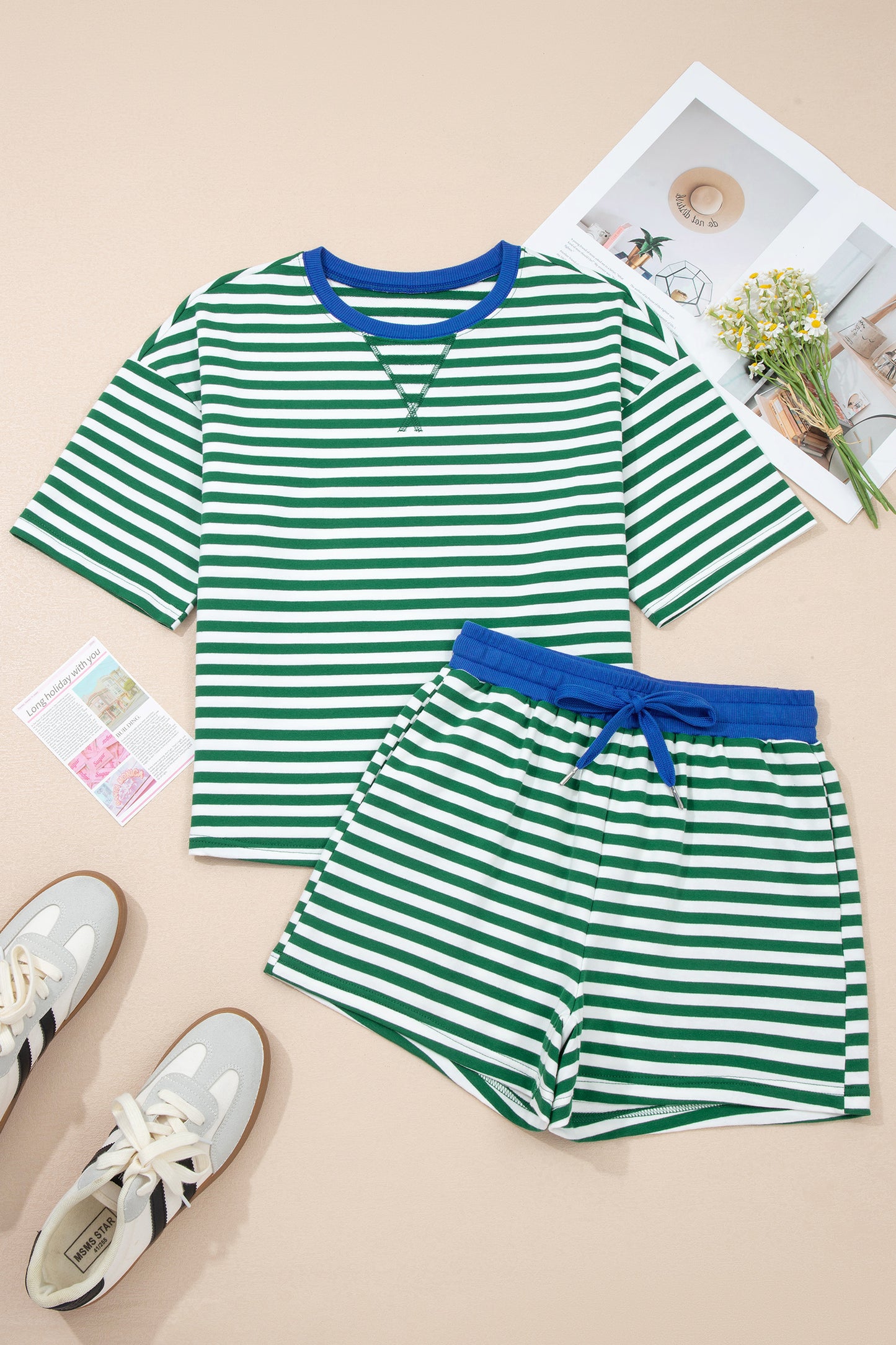 Yellow Stripe Drop Shoulder Boxy Casual Terry Short Set
