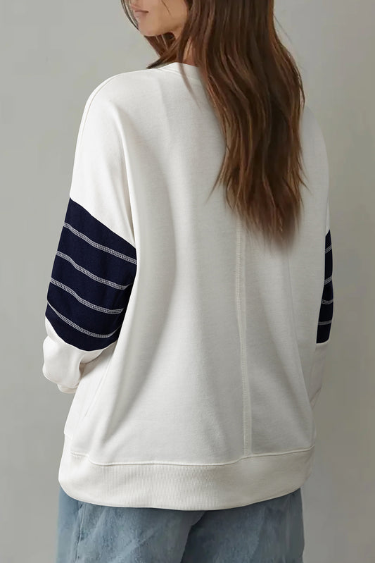 White Exposed Seam Detail Color Block Patch Pocket Drop Shoulder Sweatshirt